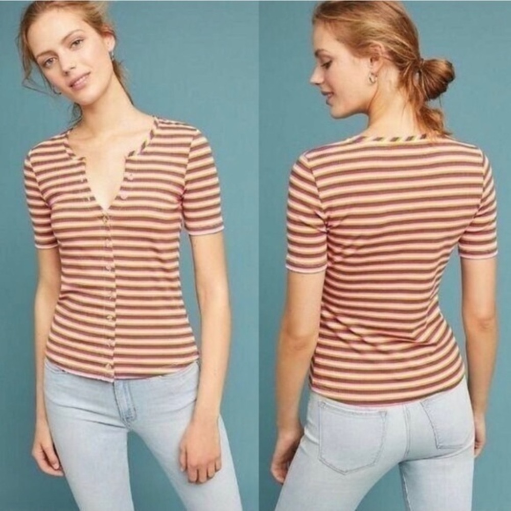 Anthropologie Maeve Ribbed Short Sleeve Button Down Retro 90s Top